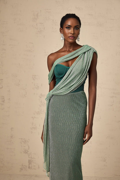 Green maxi dress with corset top and ribbon design details named Delphine