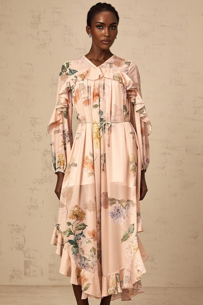 A floral print midi dress with ruffled trim details named Patricia