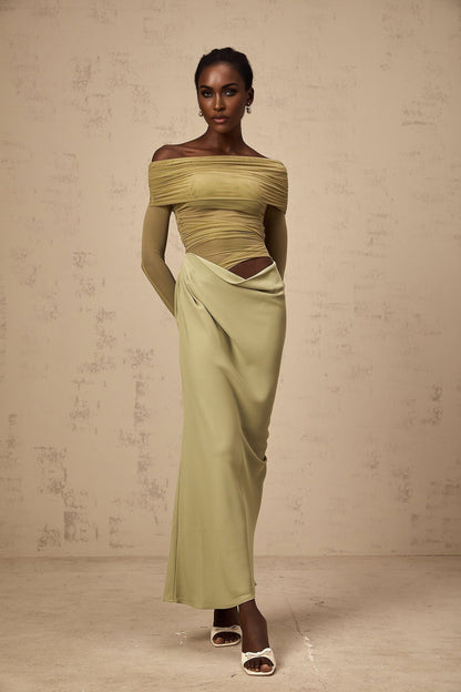 Green off shoulder midi dress with semi sheer fabric