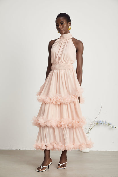 Micah pink 3Dpetal tiered midi dress