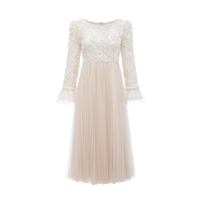 Thibaulte pleated lacefloral midi dress