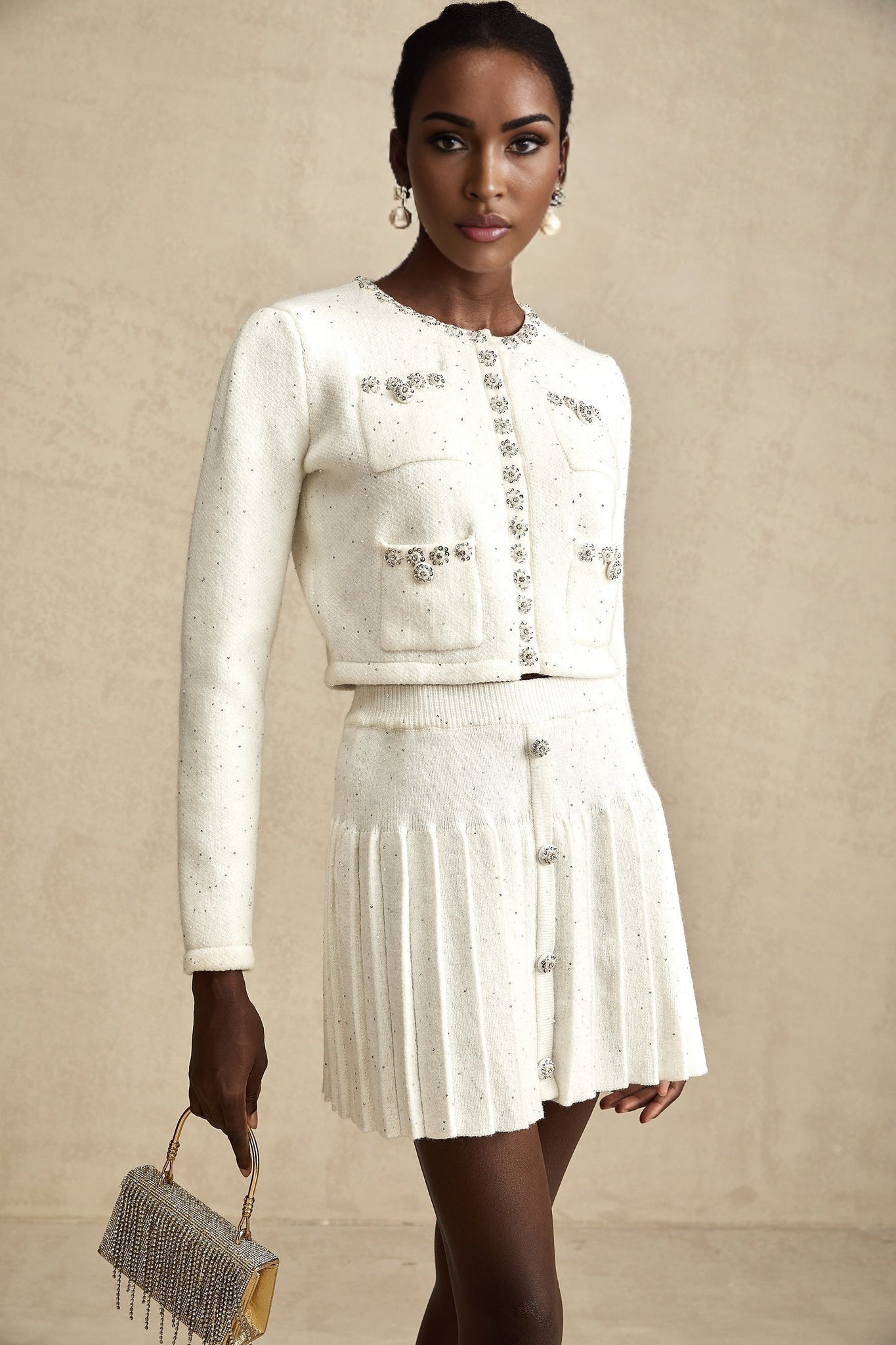 Fabienne white embellished jacket  skirt matching set