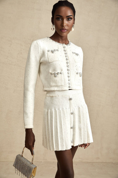 Fabienne white embellished jacket  skirt matching set