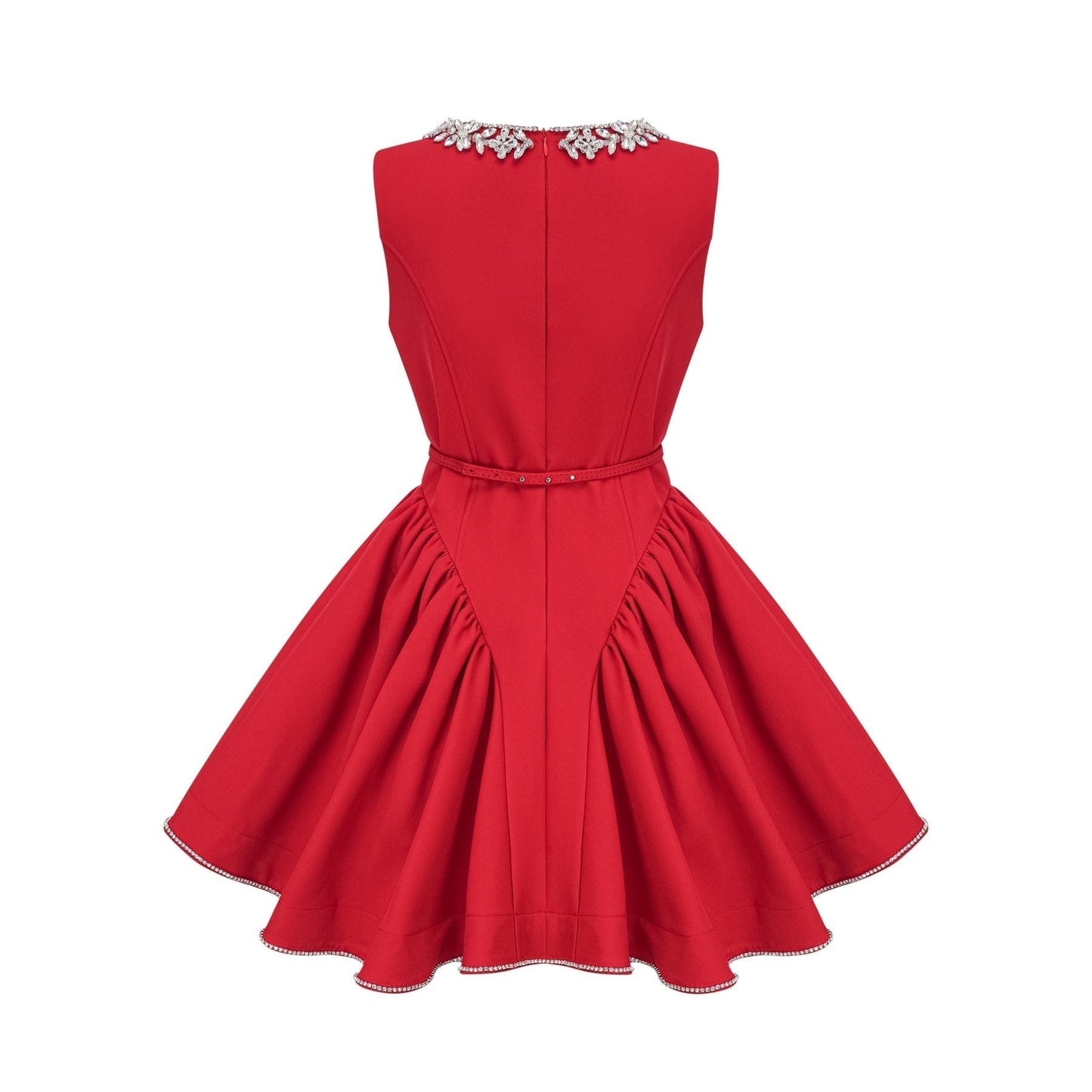 A red mini dress with pleated details and embellishments named Leonie