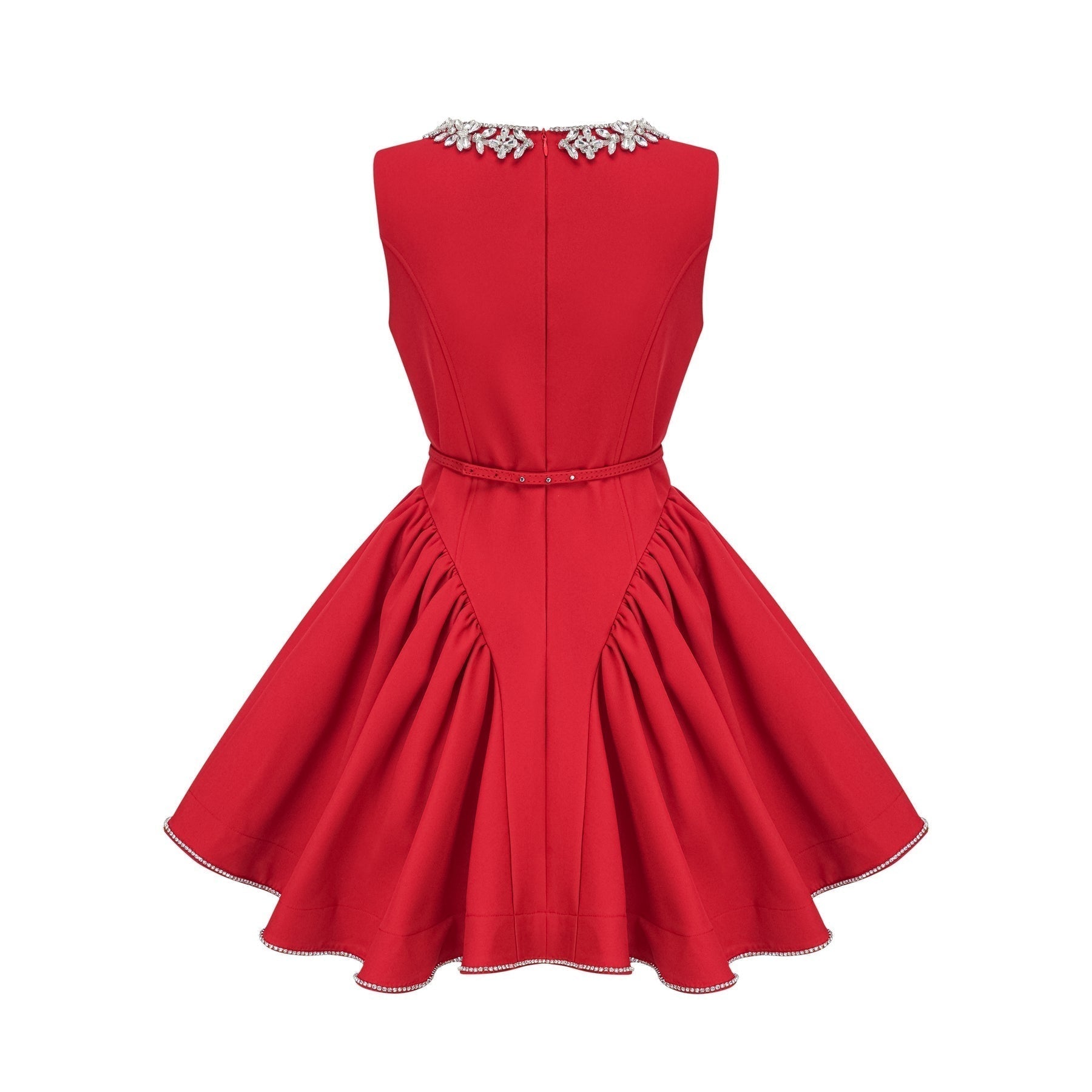 A red mini dress with pleated details and embellishments named Leonie