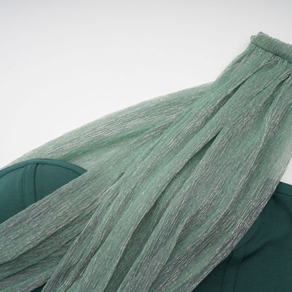 A long green maxi dress with a corset bodice featuring a ribbon design detail named Delphine