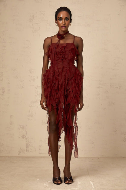 A short winered mini dress with ruffled details and rose appliques on the fabric