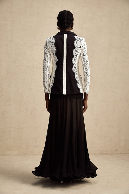Stylish womens blazer with color block design and lace trim in contrasting colors