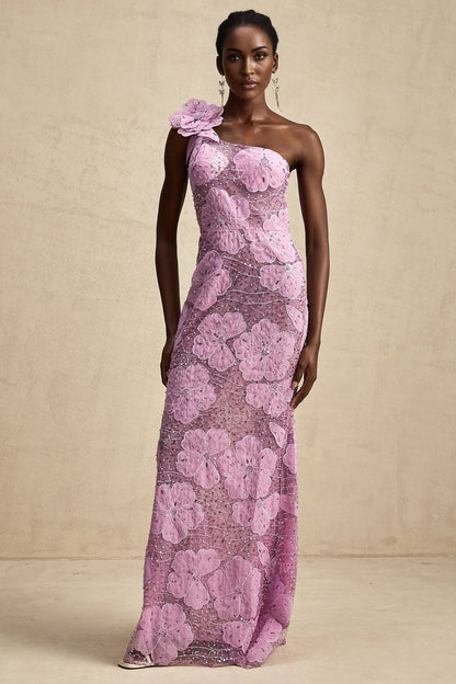 A long purple maxi dress with floral applique details named Beatrice
