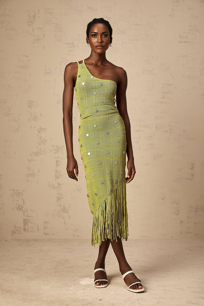 Womans green knit top and skirt set with embellishments Annette style matching two piece outfit
