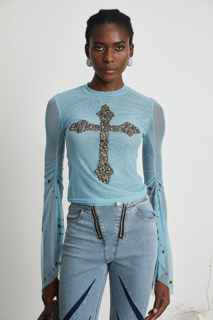 Émmanuelle semisheer studembellished top