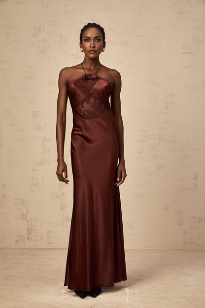 A long elegant winered maxi dress with satin fabric and lace panelling details named Eléonore