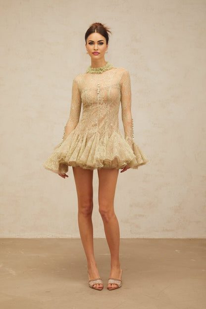 A green mini dress with flared skirt and embroidered details named Melodie