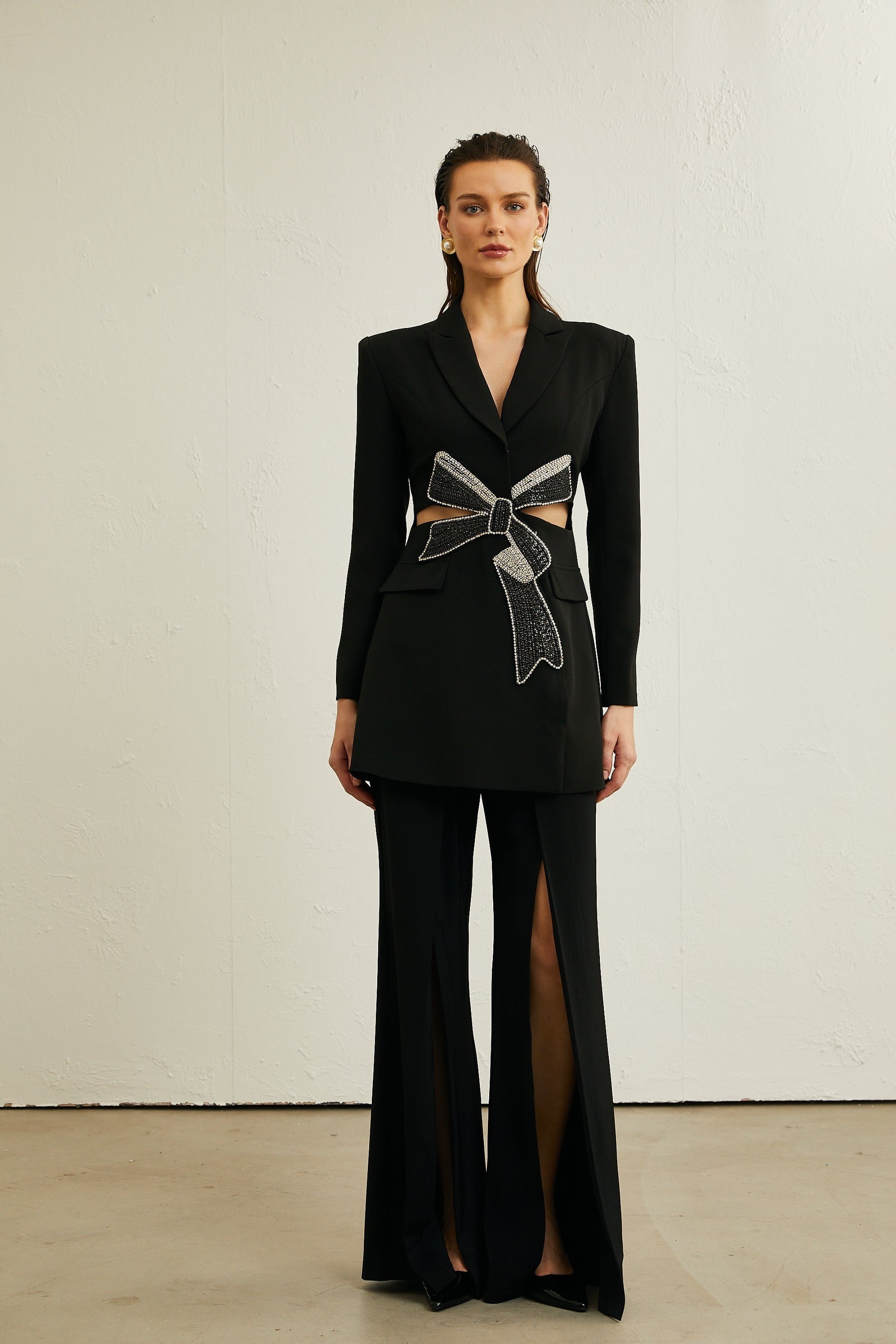 Justine black bowknot cutout blazer