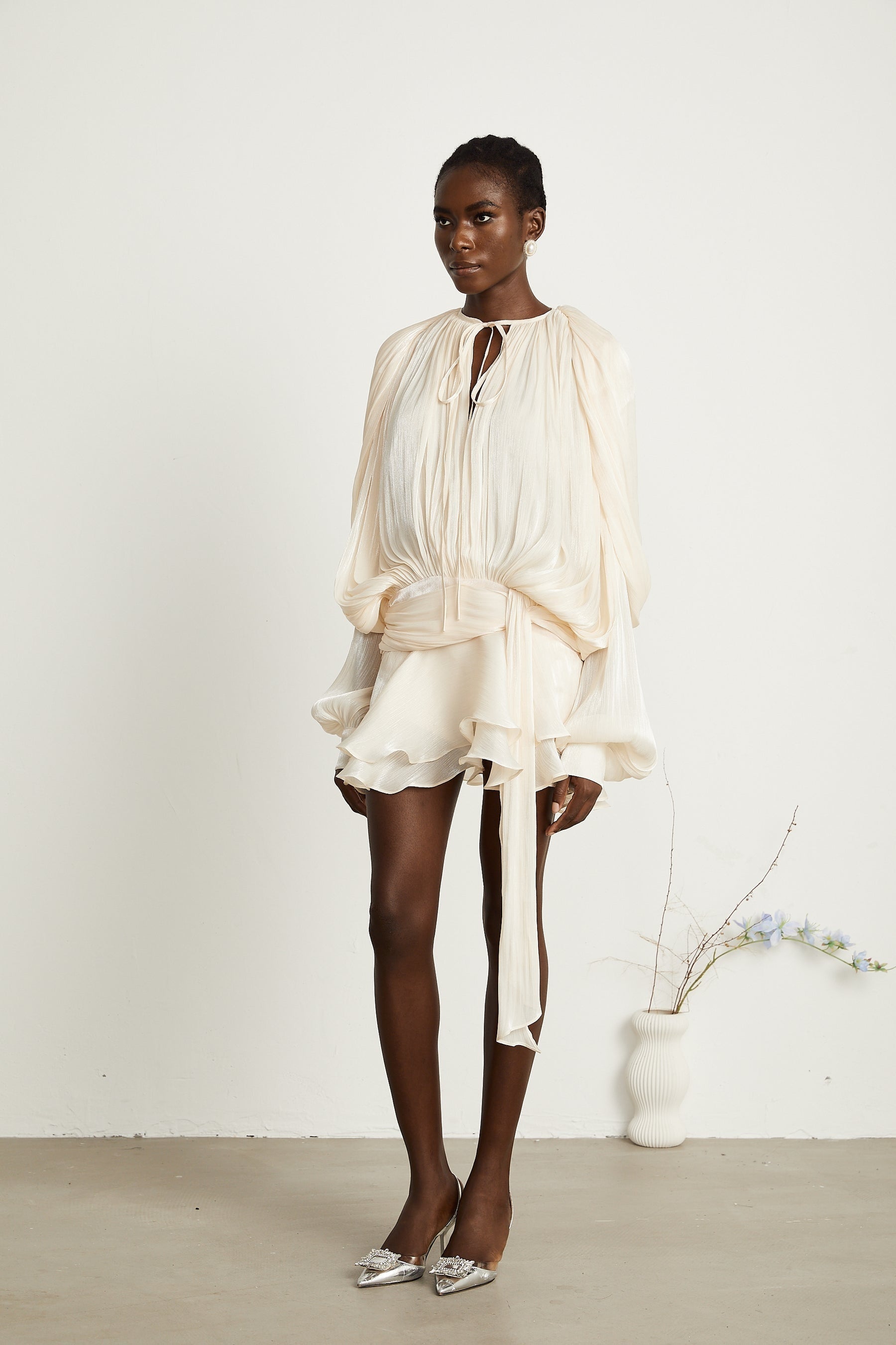 Eugénie fullypleated ruffled mini dress in Neutrals