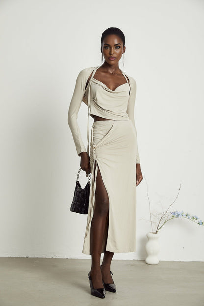 Lanetta khaki jersey top  skirt matching set