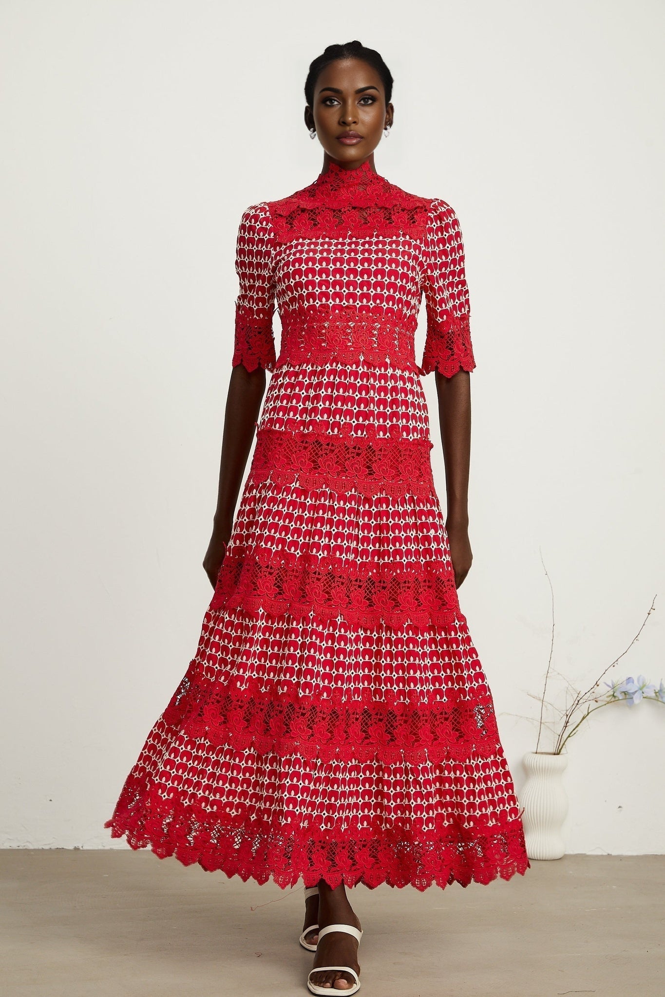 Chantal red scalloppattern lacepanel maxi dress