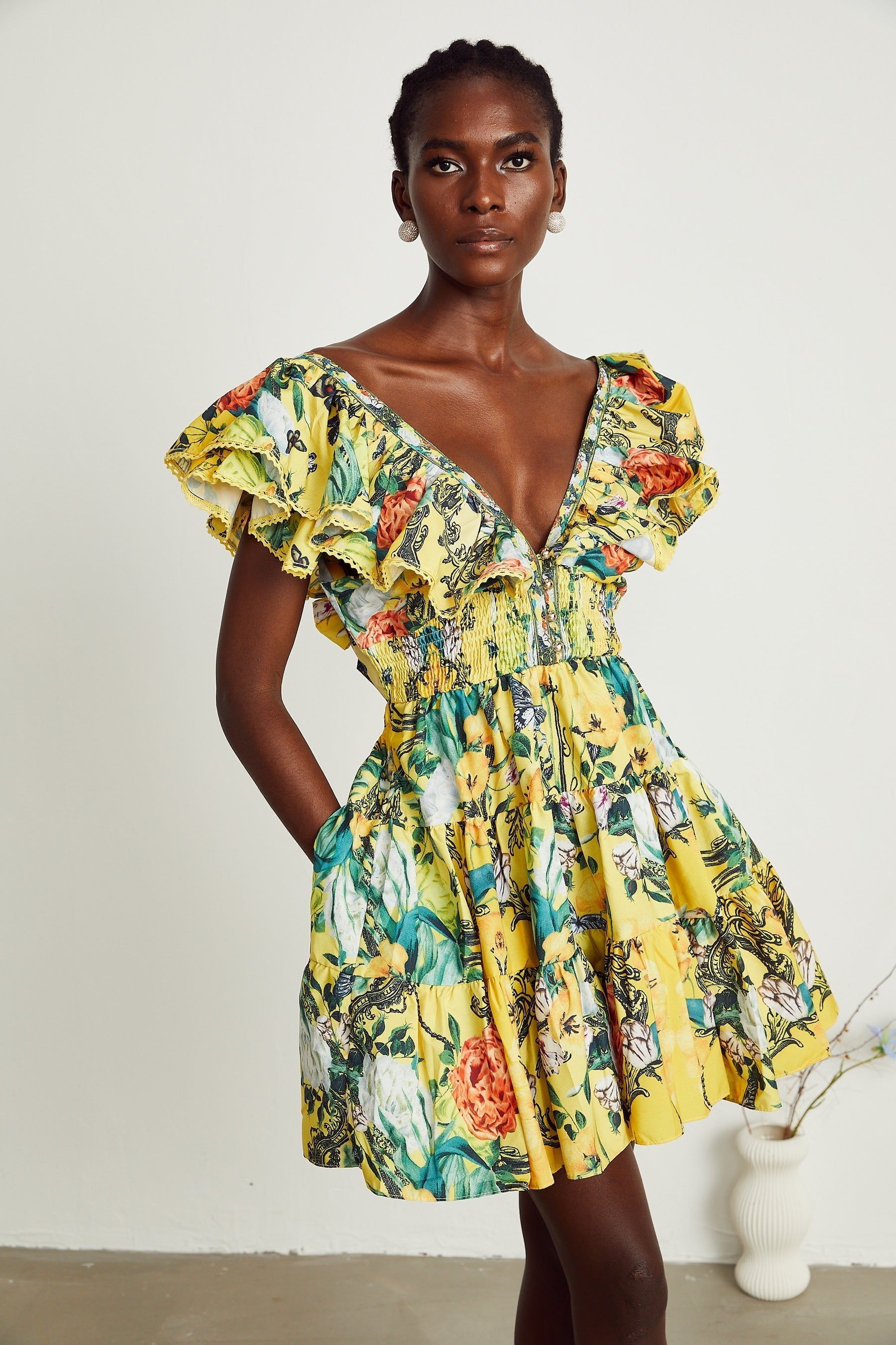 Saige ruffled floralprint mini dress in Yellow