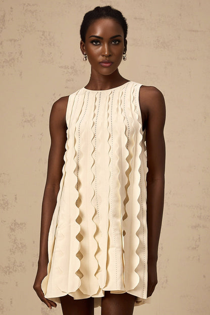 A white sleeveless mini dress with wavy details named Axelle