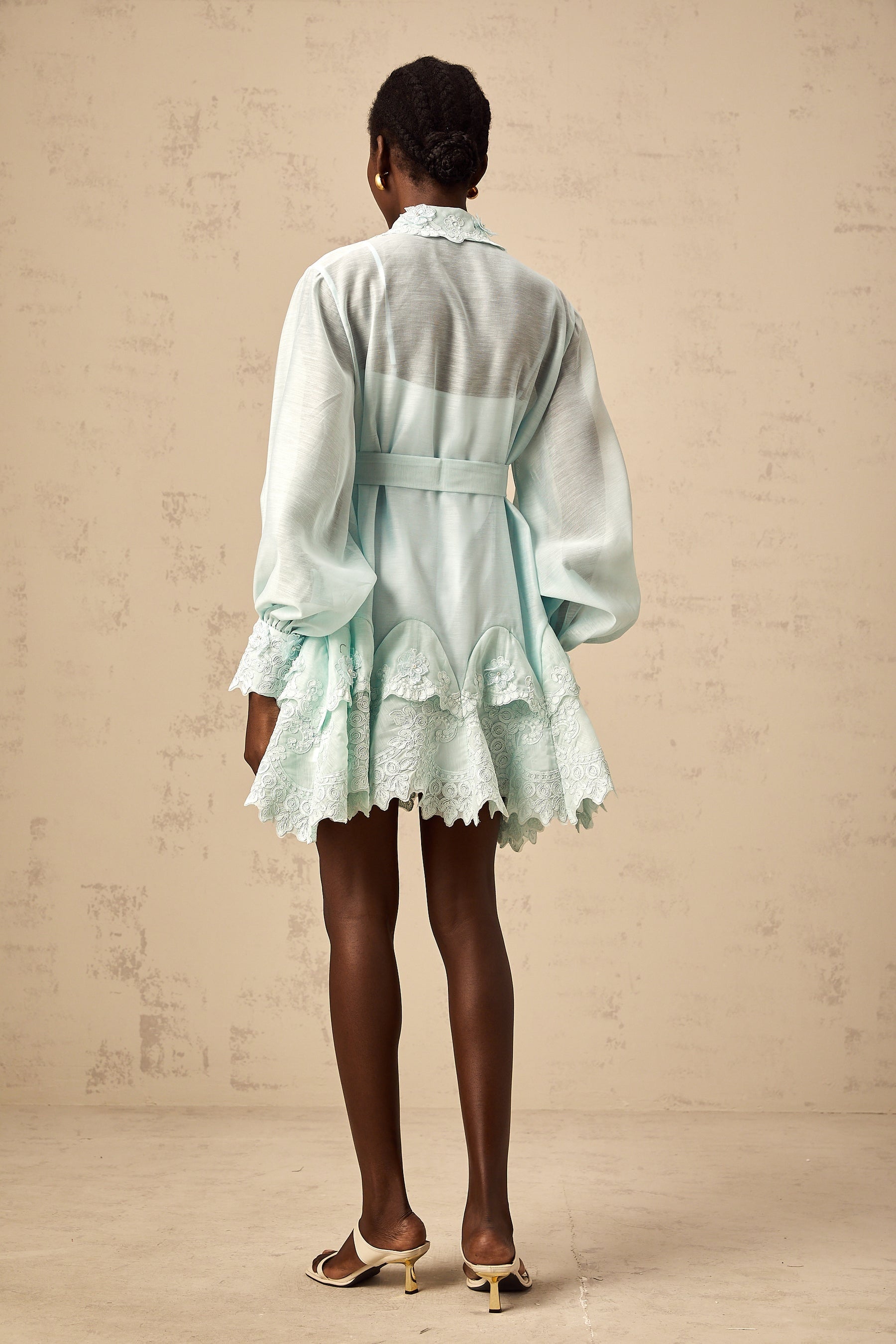 Green mini shirt dress with lace panel detailing featuring Ivana design