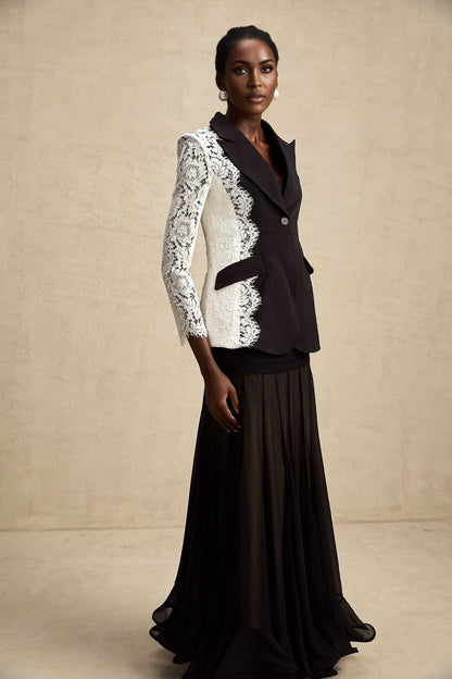 A womens blazer featuring color block design and lace trim named Sandrine