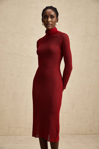 A red metallic midi dress with pointelle detailing featuring a fitted silhouette and shimmering fabric