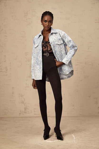 Denim jacket in light blue with floral applique designs made of blue sequins