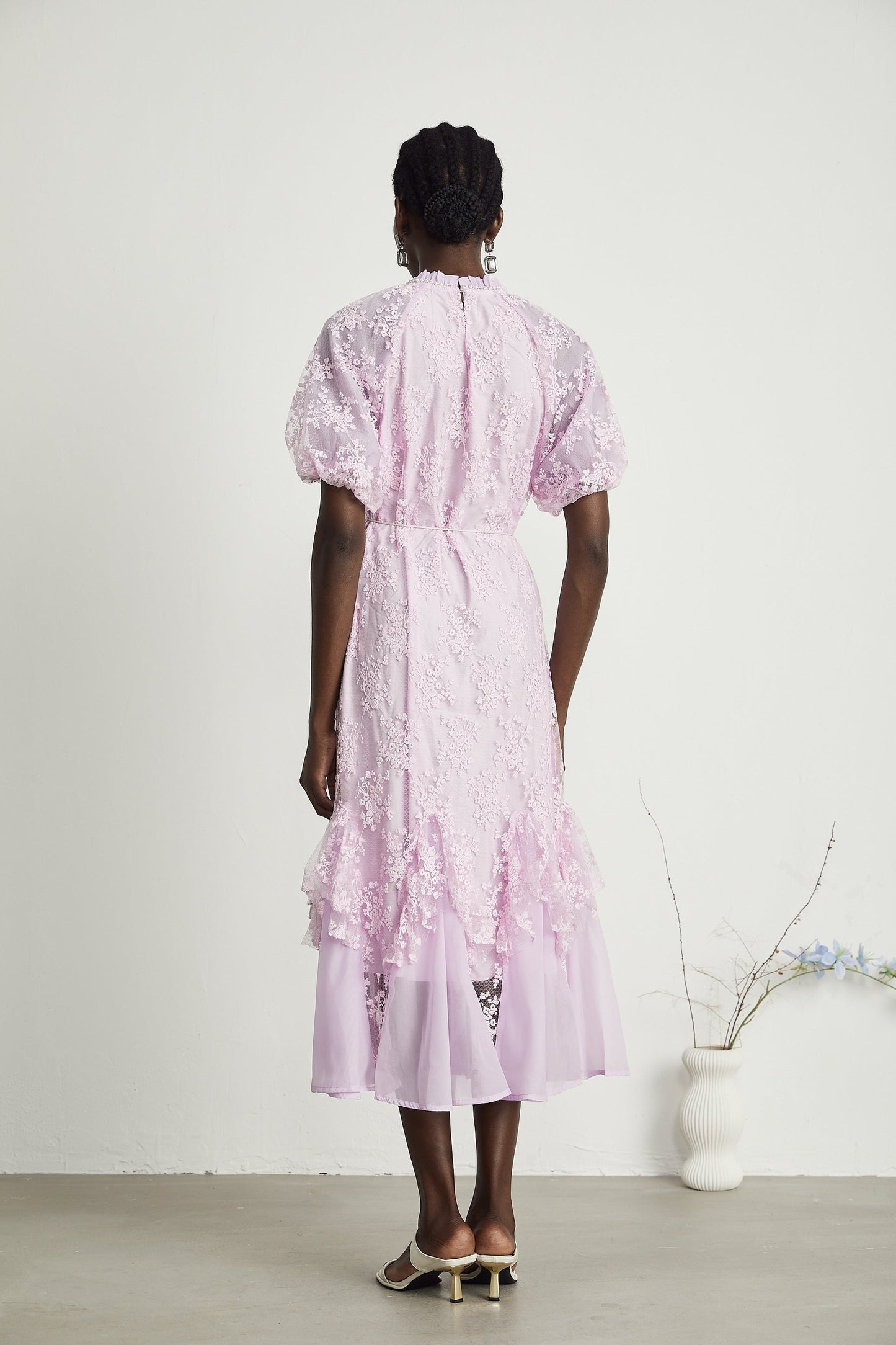 Coralie floral embroideried layered midi dress in Purple