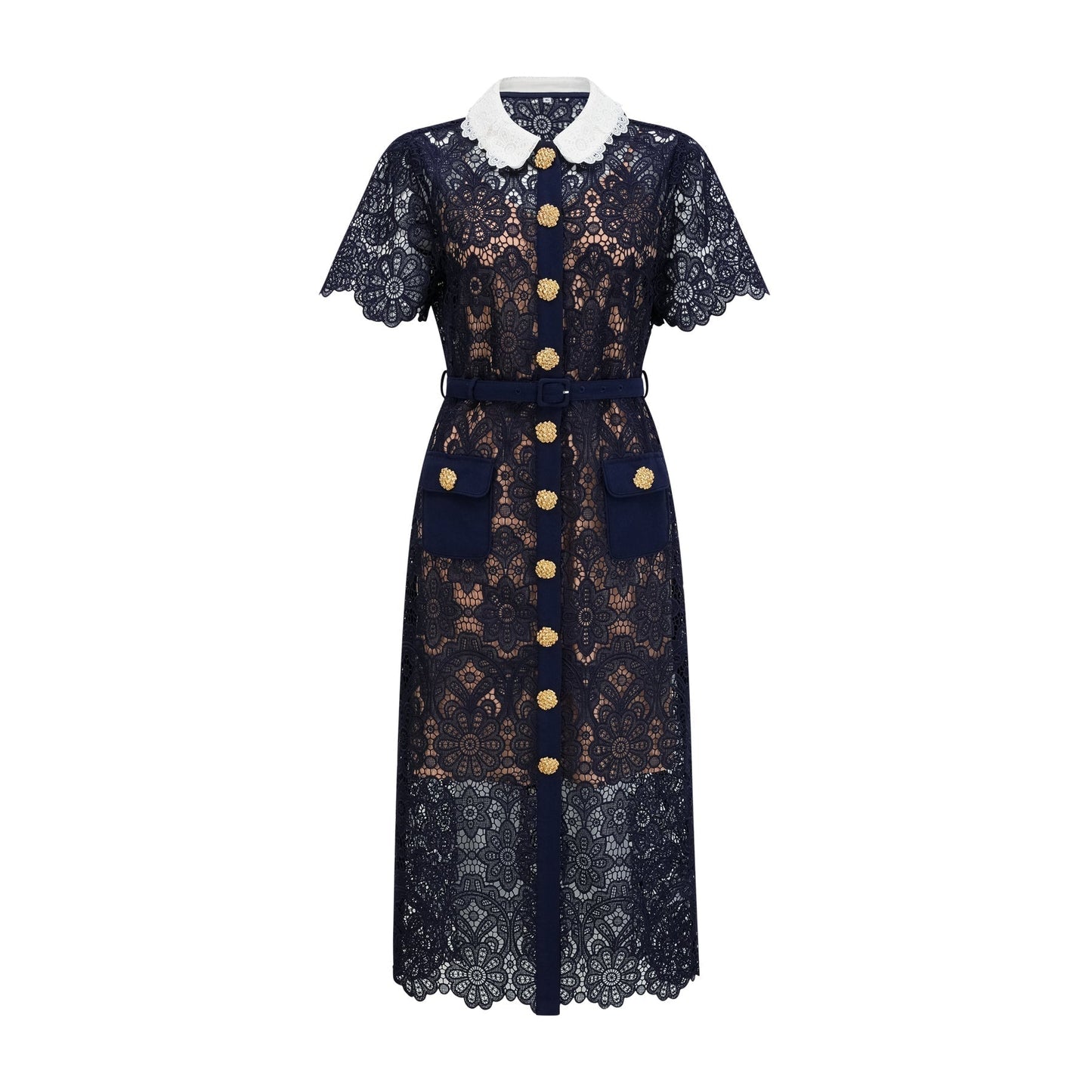 A dark blue midi dress with floral crochet lace pattern featuring an intricate design throughout the garment
