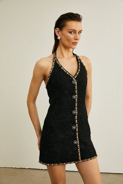 Cécile black tweed cardigan  dress matching set
