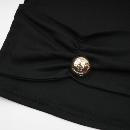 A black sleeveless top with ruched detailing made from stretchy jersey fabric