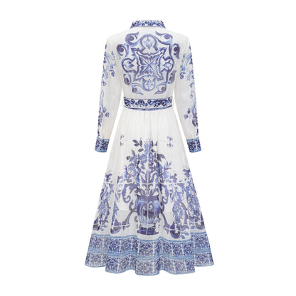 Isabelle patternprint cinchwaist midi dress