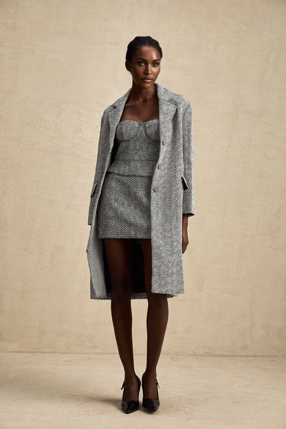 Long gray coat with herringbone pattern Chantal