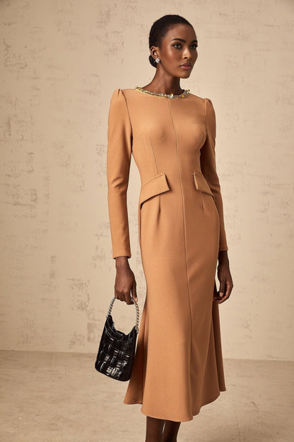 A khaki colored midi length dress with sequin embellishments named Doriane