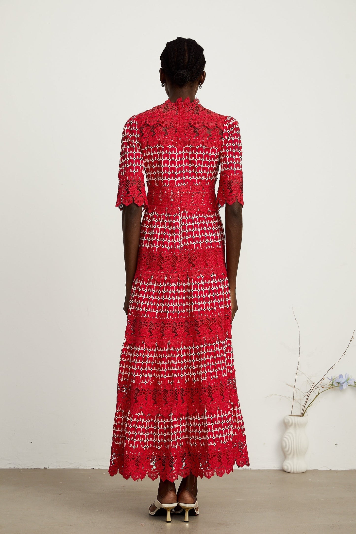 Chantal red scalloppattern lacepanel maxi dress