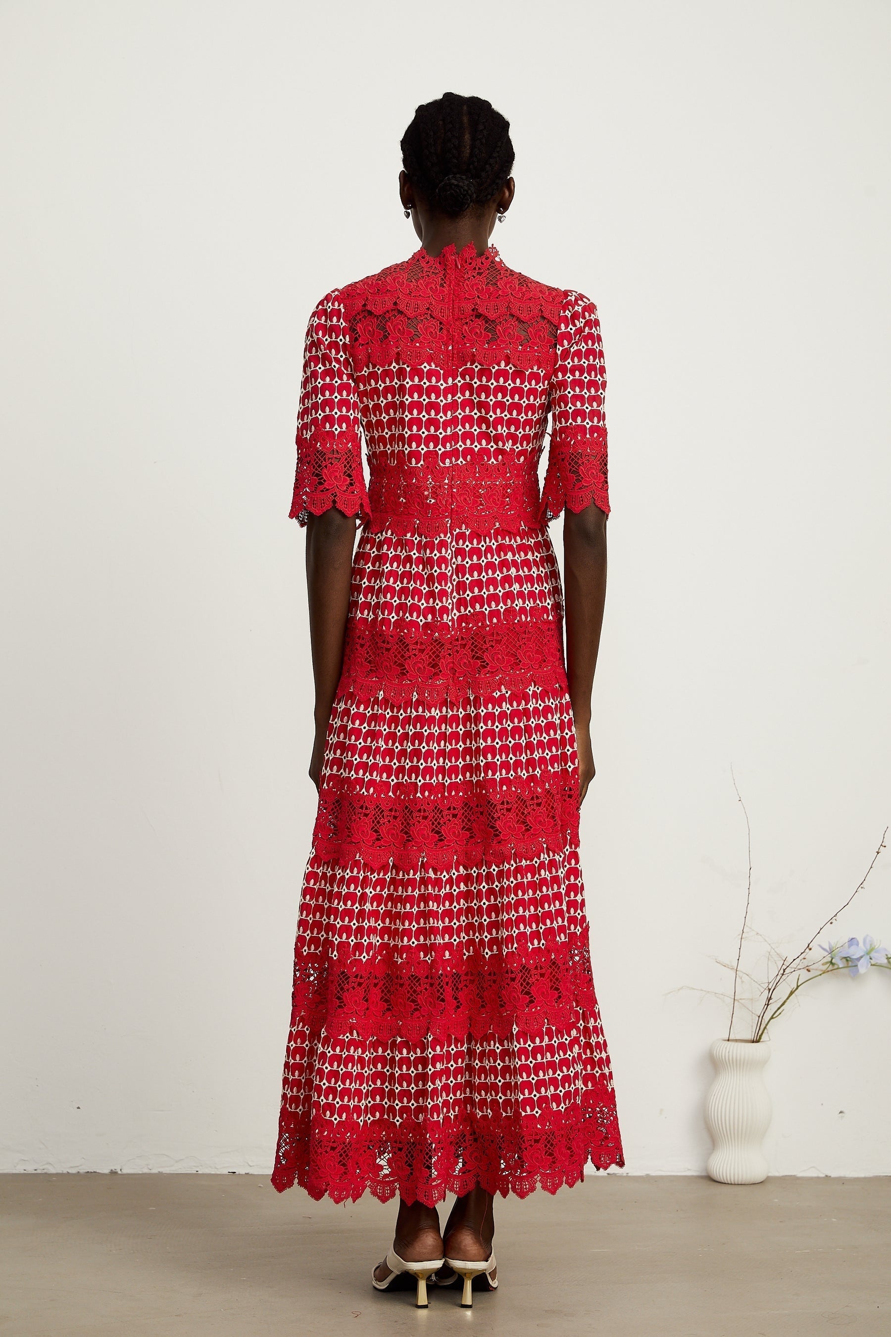 Chantal red scalloppattern lacepanel maxi dress