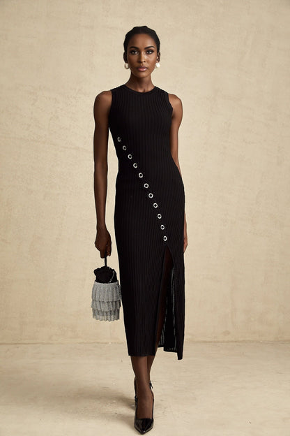 Jeanne black hoopembellished knitted midi dress