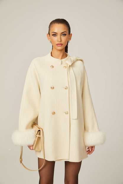Colette white wool fur bowknot coat