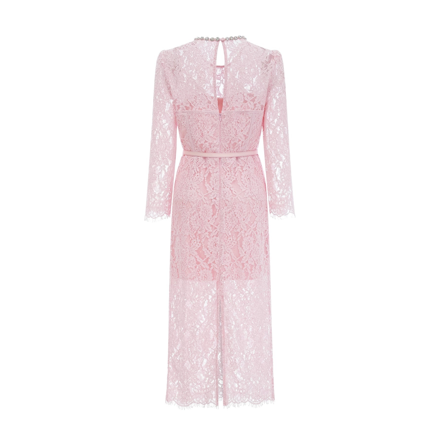 Elisabetta pink midi dress with floral embroidery and lace details featuring embellishments