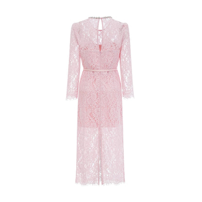 Elisabetta pink midi dress with floral embroidery and lace details featuring embellishments