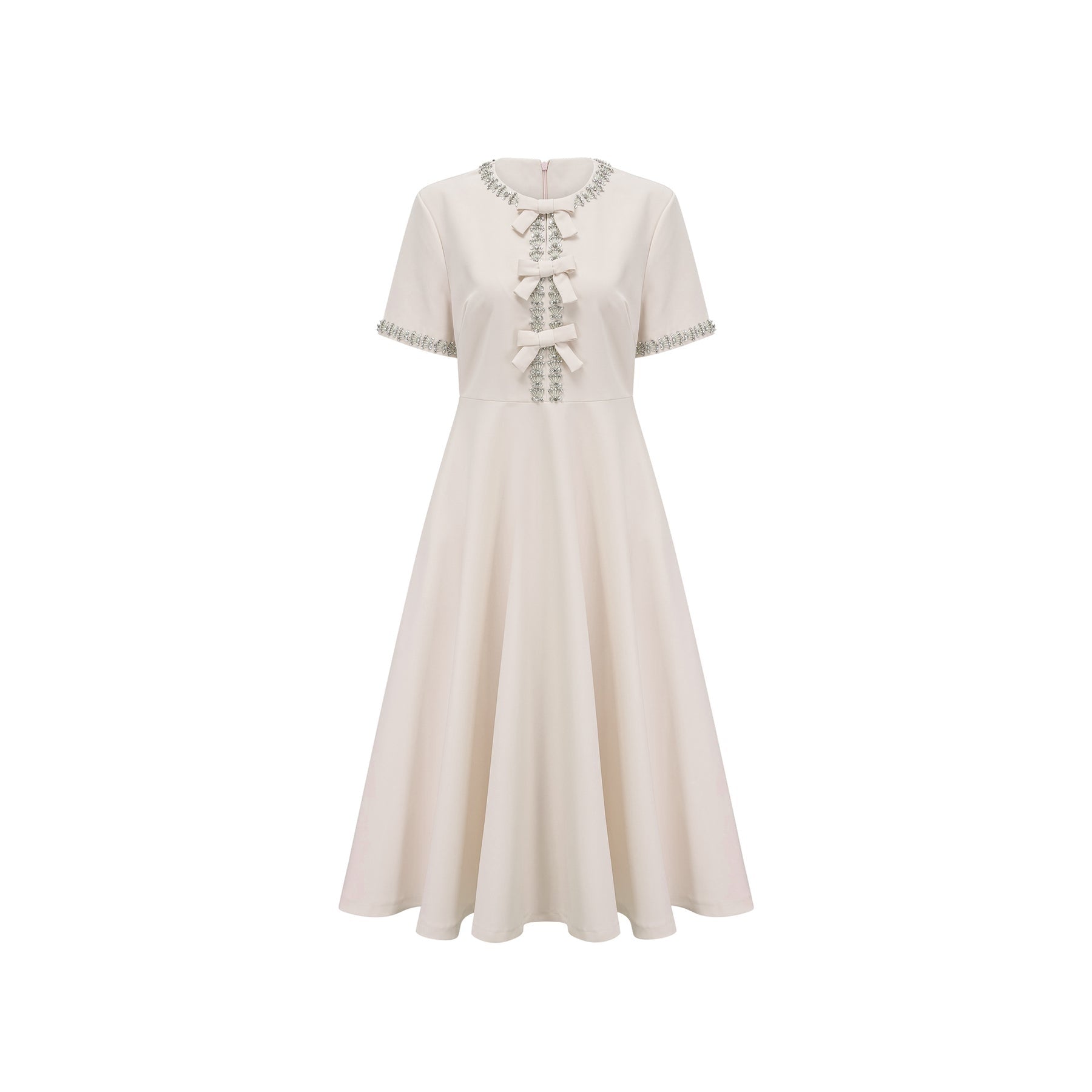 White midi dress with crystalaccented bow detail and Cassiopeia design