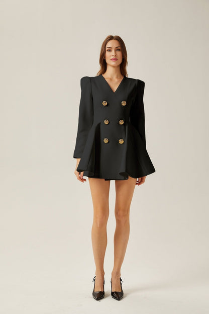 Black blazer dress with pleated peplum hem named Elise