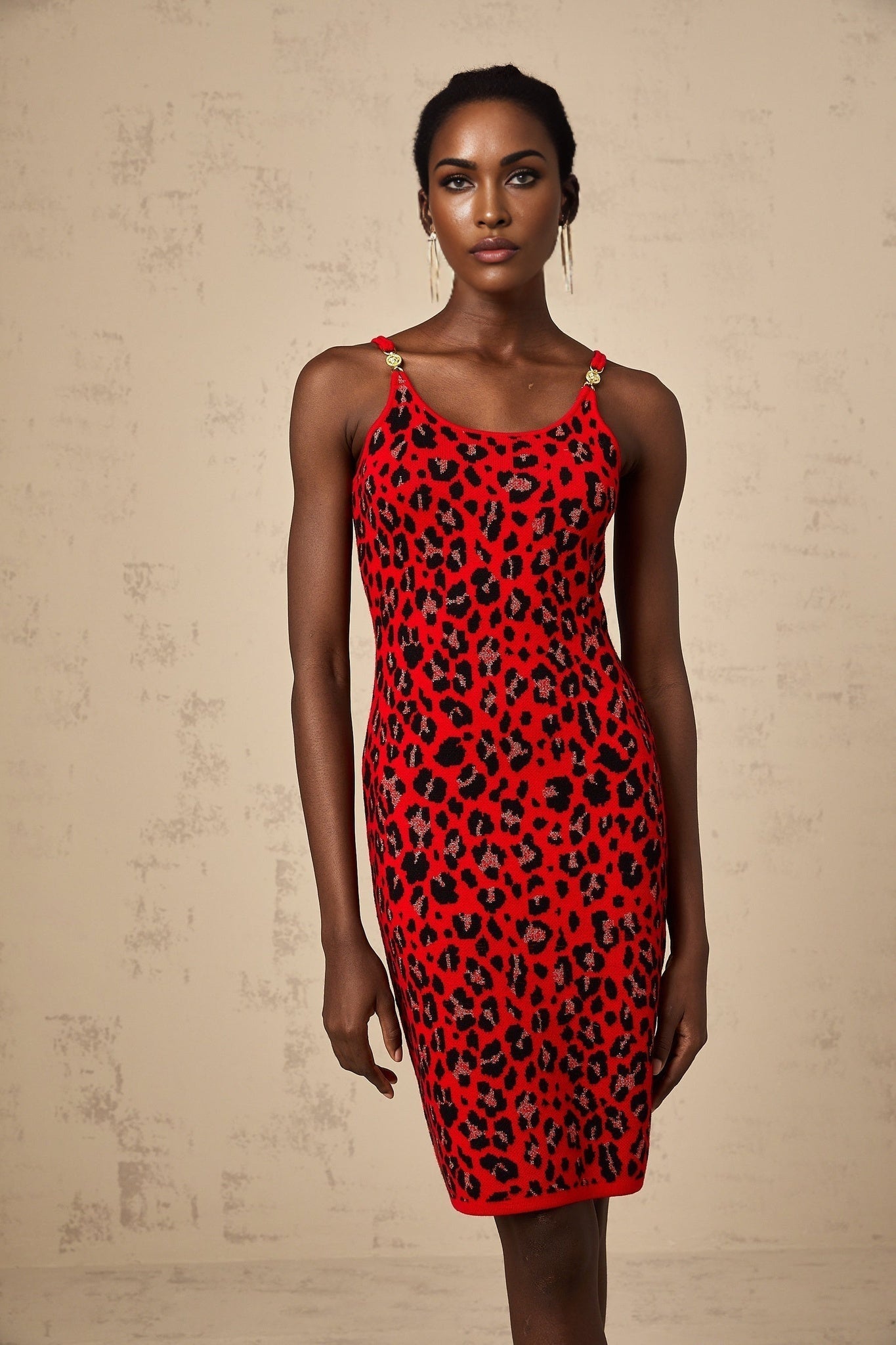 Red leopard print mini dress with shimmering lurex fabric short length and vibrant pattern