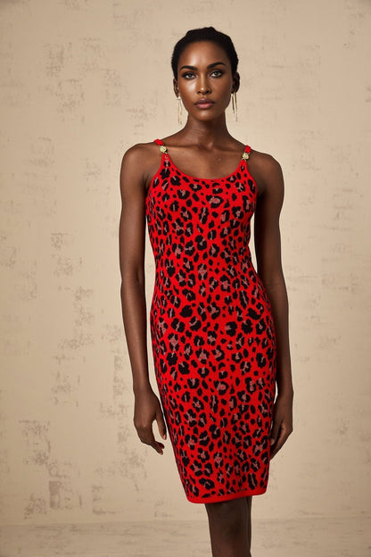 Red leopard print mini dress with shimmering lurex fabric short length and vibrant pattern
