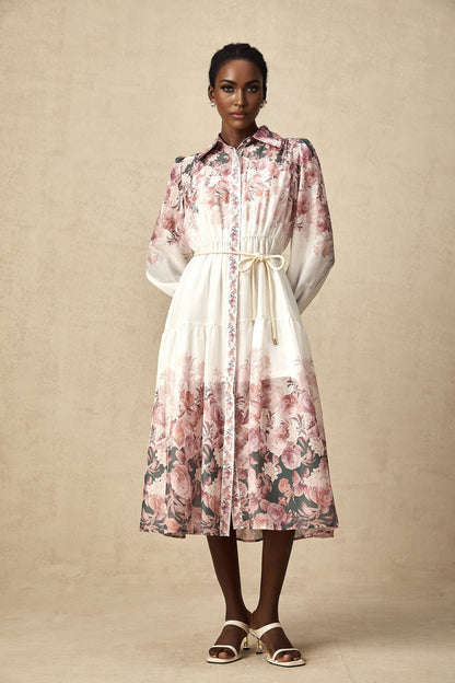 A midi dress with a floral print pattern featuring lantern sleeves and a design called Carina