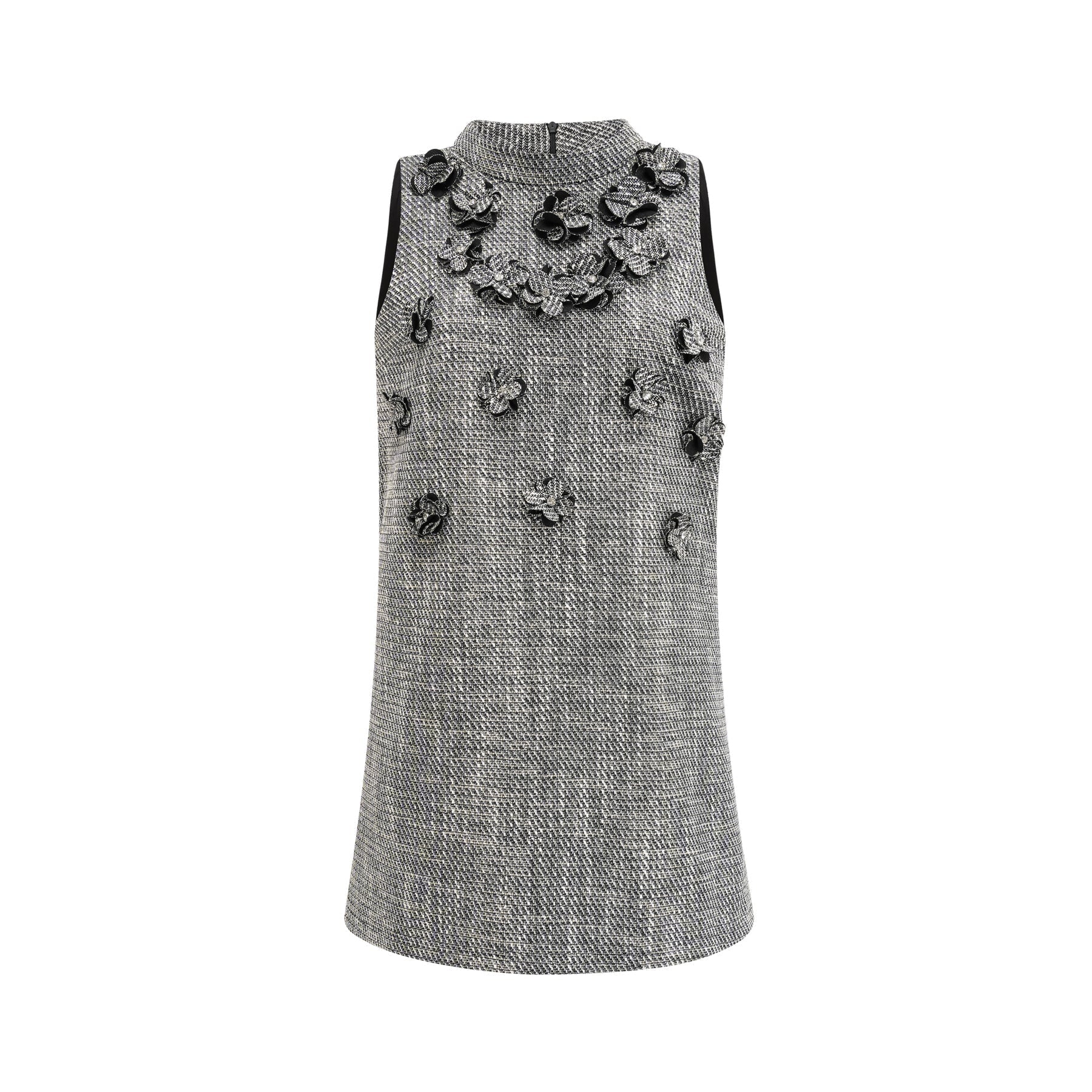 A sleeveless mini dress with a floral pattern featuring faux flowers named Nadege