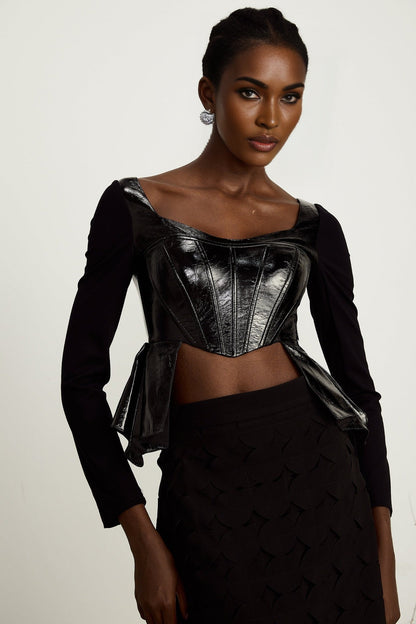 Jeannette fauxleather peplum panelled top