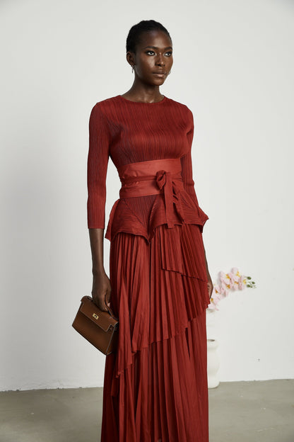 Margaux bowtie embellished pleated top  skirt matching set