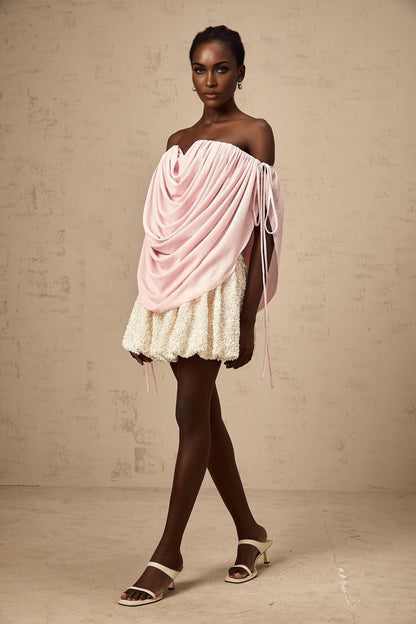 A pink offshoulder top with ruched detailing called Quintina
