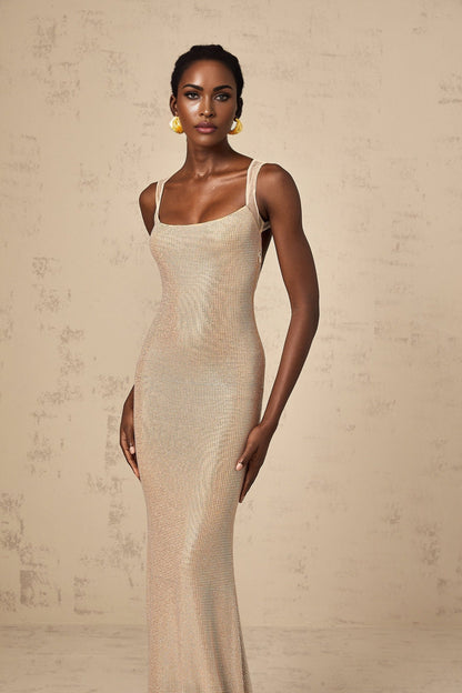 Long formal crystal embellished maxi dress with open back design